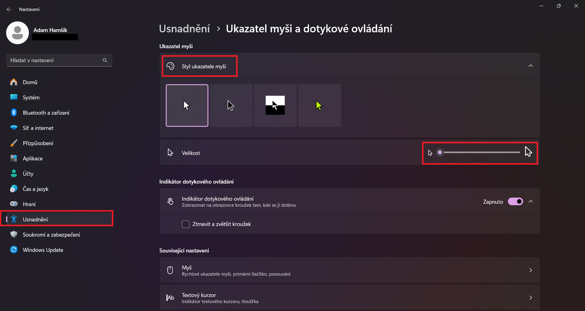 Nastavení kurzoru - Základní ovládání PC