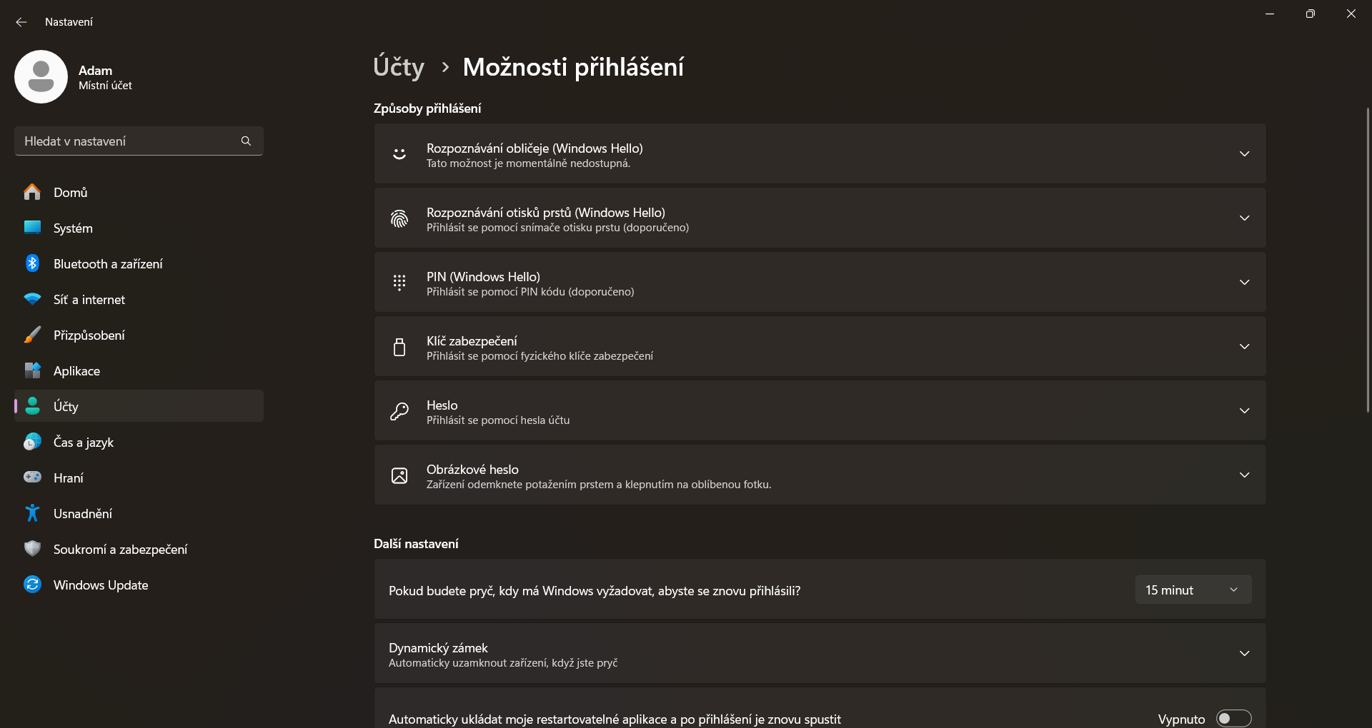 Možnosti přihlášení - Základní ovládání PC