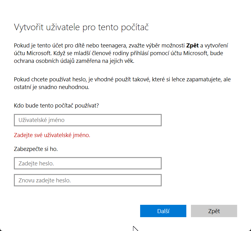 Přidání jména a hesla - Základní ovládání PC