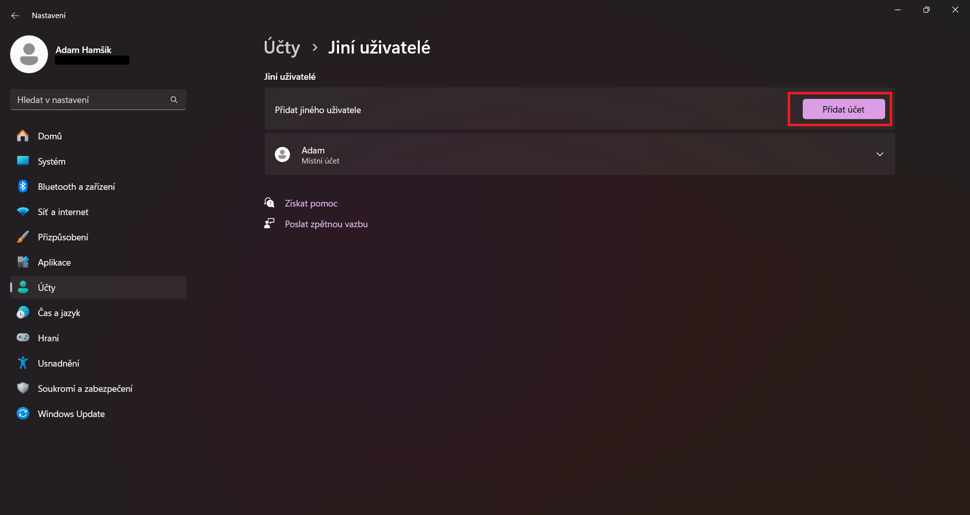 Přidat účet - Základní ovládání PC