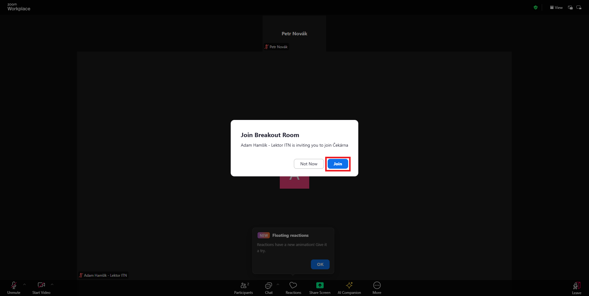 Připojení do dílčí místnosti