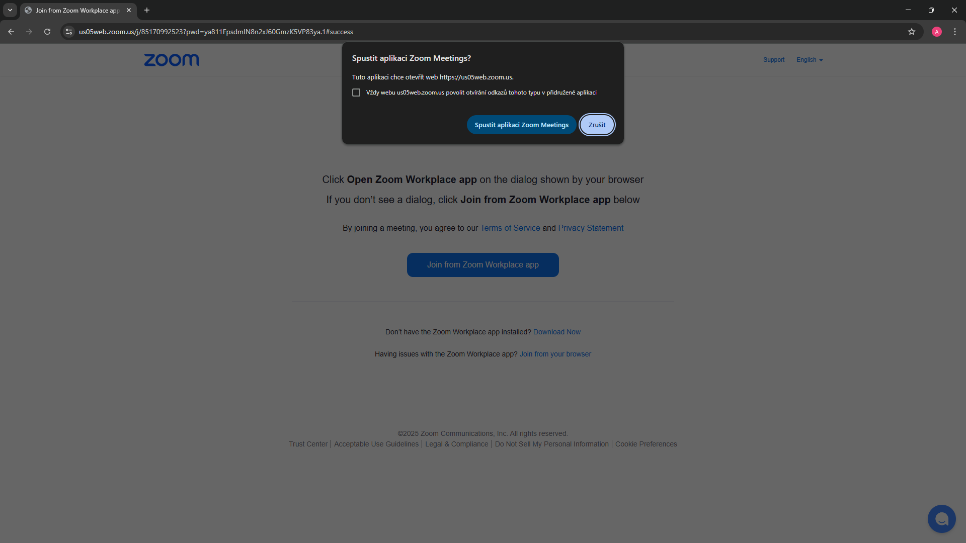 Otevření stránky Zoom
