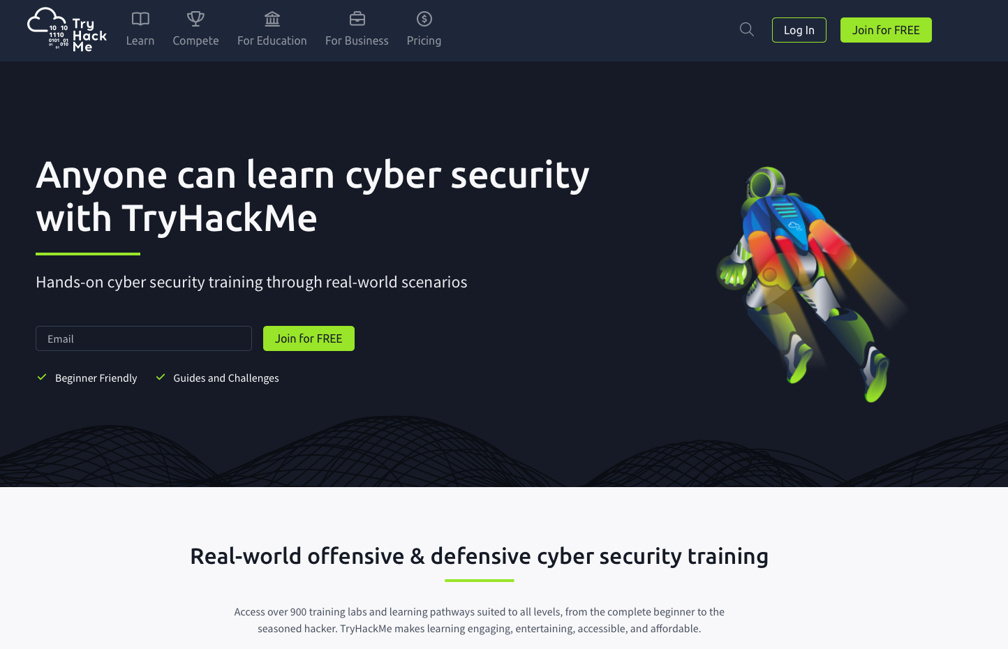 Ukázka úvodní stránky TryHackMe - Kybernetická bezpečnost a NIS2