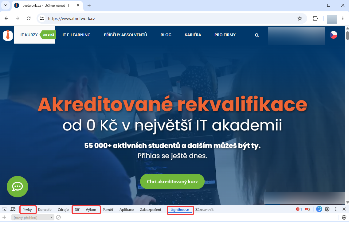 Otevření Chrome DevTools - SEO - Optimalizace webů pro vyhledávače