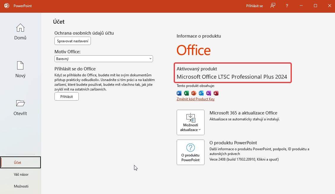 Nabídka Soubor – Účet v PowerPointu - Microsoft Office
