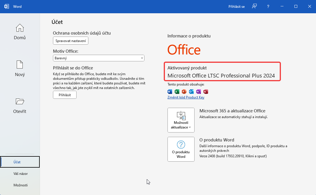 Nabídka Soubor – Účet ve Wordu - Microsoft Office
